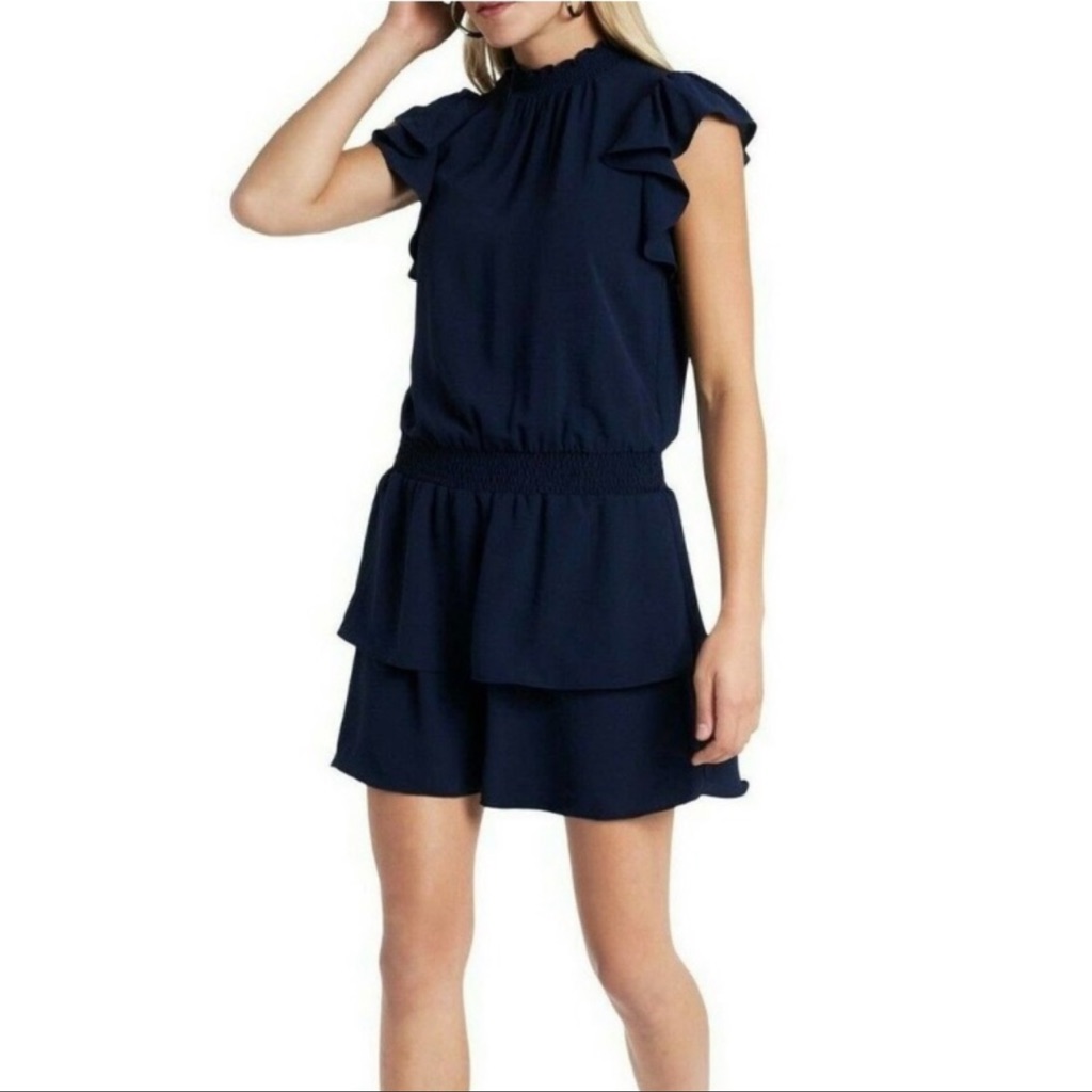 1.State Navy Mini Dress Mock Neck Flutter Sleeve Womenâs Size Small